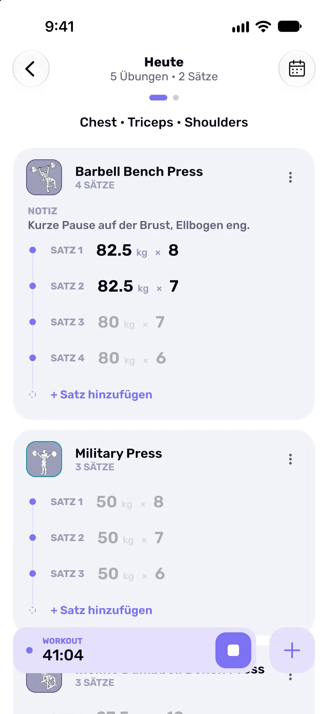 Ein Trainingstag mit allen Übungen, den eingetragenen Sätzen und den Werten der letzten Einheit daneben.